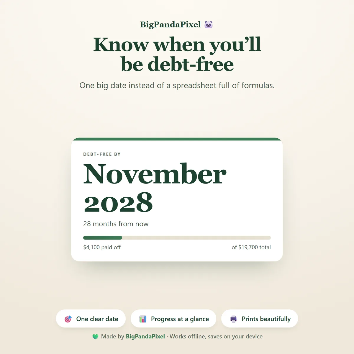 The dashboard: a large debt-free date, months remaining, and an overall progress bar.